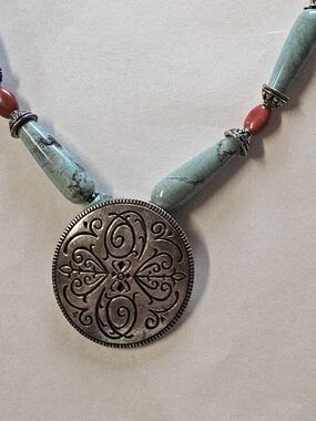 Turquoise Howlite and Red Beaded Pendant Necklace - Handmade ~ Southwest Style